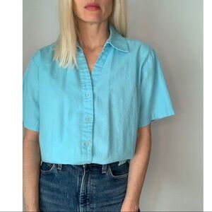 Vintage Baby Blue Linen Boxy Button Down